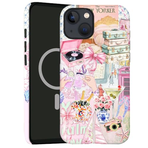 kiritfox Magnetische Schutzhülle für iPhone 14 Plus, 2-lagige Hybrid-Hartschale, stoßfest für Mädchen und Frauen [kompatibel mit MagSafe] – ästhetische Collage mit rosa Schleife von kiritfox