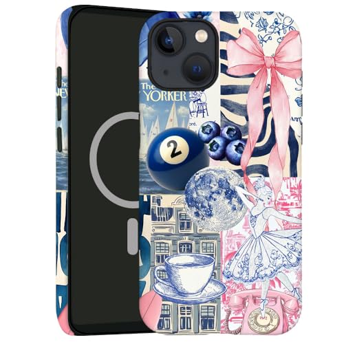 kiritfox Magnetische Schutzhülle für iPhone 15 Plus, Hybrid-Hartschale, 2-lagig, stoßfest, für Mädchen und Frauen [kompatibel mit MagSafe] – Collage-Ball Blue Coffee Aesthetic von kiritfox