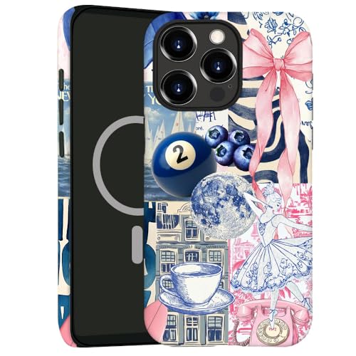 kiritfox Magnetische Schutzhülle für iPhone 15 Pro, Hybrid-Hartschale, 2-lagig, stoßfest, für Mädchen und Frauen [kompatibel mit MagSafe] – Collage-Ball Blue Coffee Aesthetic von kiritfox