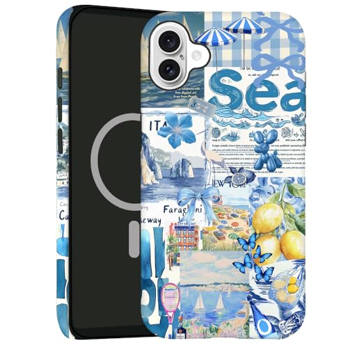 kiritfox Magnetische Schutzhülle für iPhone 16, Hybrid-Hartschale, 2-lagig, stoßfest, für Mädchen und Frauen [kompatibel mit MagSafe] – Sommercollage, blaue Schleife, Zitrone von kiritfox