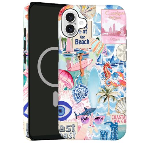 kiritfox Magnetische Schutzhülle für iPhone 16 Plus, 2-lagige Hybrid-Hartschale, stoßfest für Mädchen und Frauen [kompatibel mit MagSafe] – West Coast Collage Quallen von kiritfox