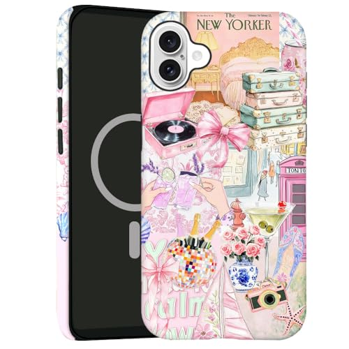 kiritfox Magnetische Schutzhülle für iPhone 16 Plus, 2-lagige Hybrid-Hartschale, stoßfest für Mädchen und Frauen [kompatibel mit MagSafe] – ästhetische Collage mit rosa Schleife von kiritfox