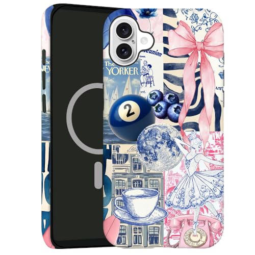kiritfox Magnetische Schutzhülle für iPhone 16 Plus, Hybrid-Hartschale, 2-lagig, stoßfest, für Mädchen und Frauen [kompatibel mit MagSafe] – Collage-Ball, blauer Kaffee, ästhetisch von kiritfox