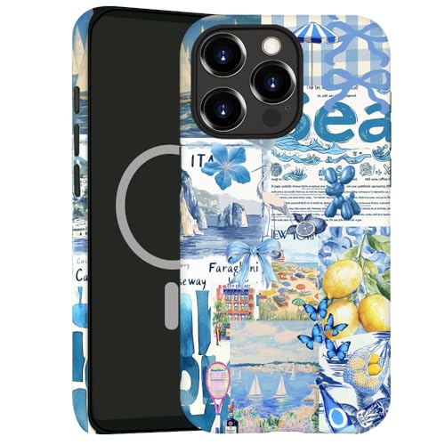 kiritfox Magnetische Schutzhülle für iPhone 16 Pro, Hybrid-Hartschale, 2-lagig, stoßfest, für Mädchen und Frauen [kompatibel mit MagSafe] – Sommer-Collage, blaue Schleife, Zitrone von kiritfox