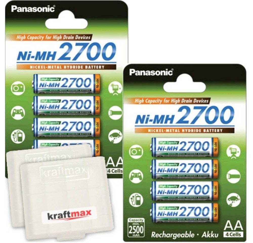 kraftmax 8er Pack Panasonic 2700 NI-MH-Akkus, 8 Mignon AA-Batterien in Box Akku (1 St) von kraftmax