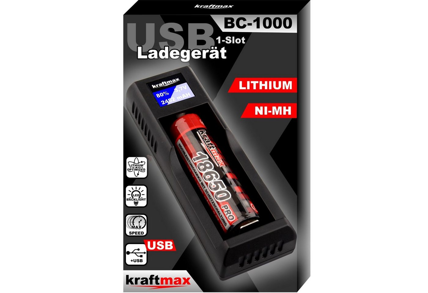 kraftmax BC-1000 USB Akku Ladegerät für Lithium Akkus Li-Ion Batterie-Ladegerät (1-tlg) von kraftmax