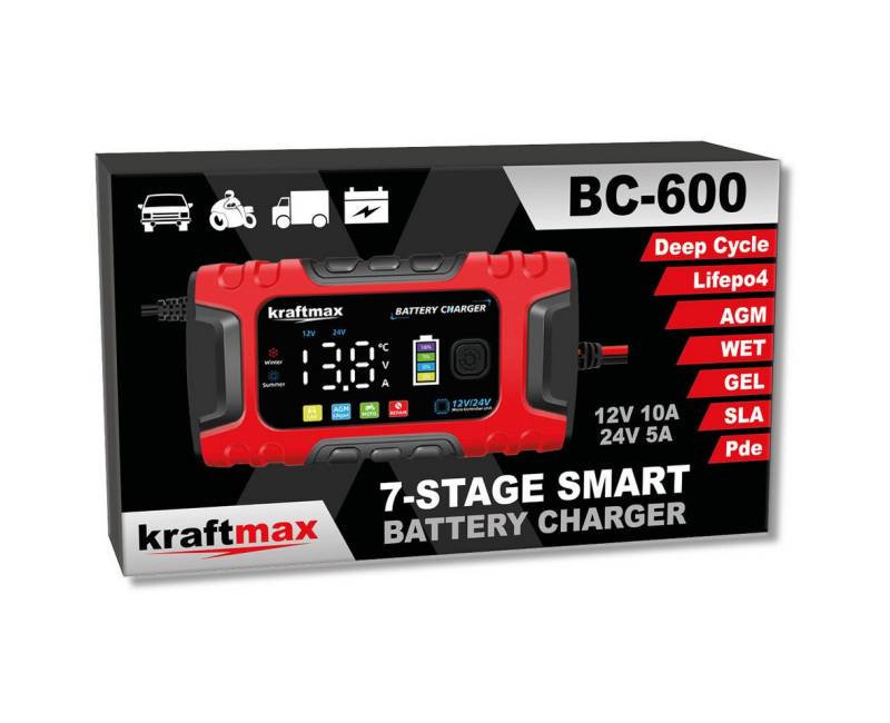 kraftmax BC-600 KFZ Ladegerät 12/24V 10A LCD für AGM Gel Blei LiFePO4 Akku Batterie-Ladegerät (1-tlg) von kraftmax