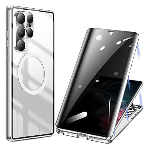 ksscaly Anti Peeping Hülle für Samsung Galaxy S22 Ultra Kompatibel mit Magsafe 360 Grad Schutz Case Privatsphäre Gehärtetes Glas Magnetische Adsorption Metallrahmen Handyhülle Anti-Spähen (Silber) von ksscaly