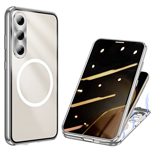 ksscaly Anti Peeping Hülle für Samsung Galaxy S23 Kompatibel mit Magsafe 360 Grad Schutz Case Privatsphäre Gehärtetes Glas Magnetische Adsorption Metallrahmen Handyhülle Anti-Spähen Cover (Silber) von ksscaly