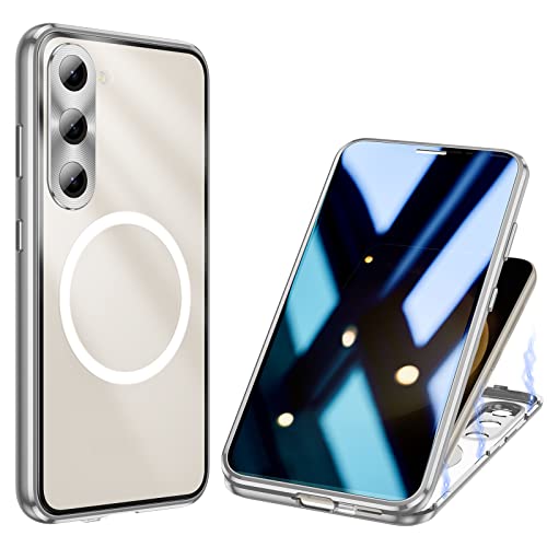 ksscaly Anti Peeping Hülle für Samsung Galaxy S23 Plus Kompatibel mit Magsafe 360 Grad Schutz Case Privatsphäre Gehärtetes Glas Magnetische Adsorption Metallrahmen Handyhülle Anti-Spähen Cover, Silber von ksscaly