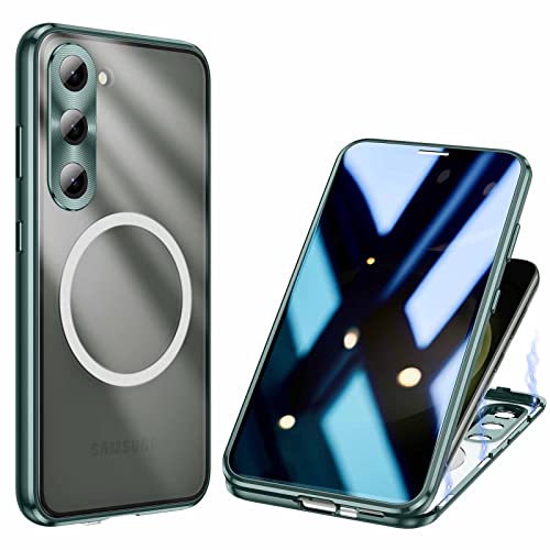 ksscaly Anti Peeping Hülle für Samsung Galaxy S23 Plus Kompatibel mit Magsafe 360 Grad Schutz Case Privatsphäre Gehärtetes Glas Magnetische Adsorption Metallrahmen Handyhülle Anti-Spähen Cover (Grün) von ksscaly