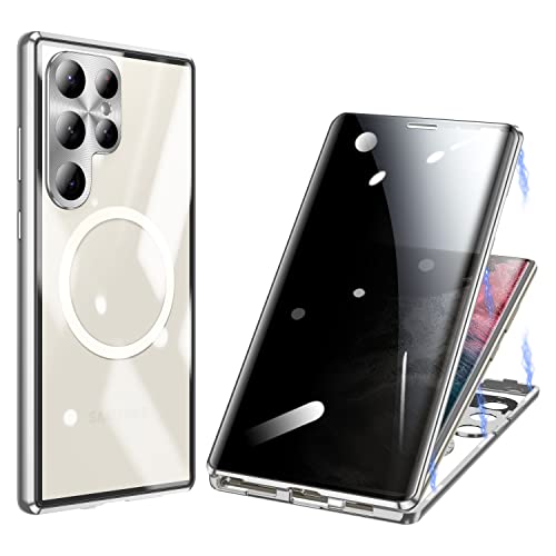 ksscaly Anti Peeping Hülle für Samsung Galaxy S23 Ultra Kompatibel mit Magsafe 360 Grad Schutz Case Privatsphäre Gehärtetes Glas Magnetische Adsorption Metallrahmen Anti-Spähen Handyhülle (Silber) von ksscaly