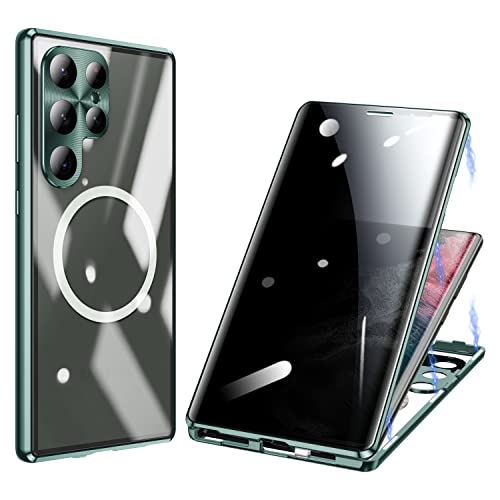 ksscaly Anti Peeping Hülle für Samsung Galaxy S23 Ultra Kompatibel mit Magsafe 360 Grad Schutz Case Privatsphäre Gehärtetes Glas Magnetische Adsorption Metallrahmen Handyhülle Anti-Spähen Cover (Grün) von ksscaly