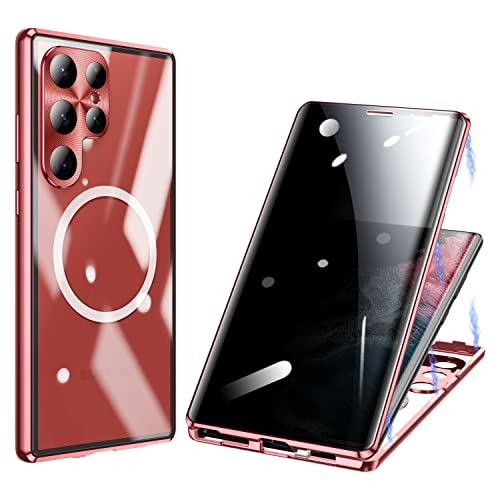 ksscaly Anti Peeping Hülle für Samsung Galaxy S23 Ultra Kompatibel mit Magsafe 360 Grad Schutz Case Privatsphäre Gehärtetes Glas Magnetische Adsorption Metallrahmen Handyhülle Anti-Spähen Cover (Rot) von ksscaly