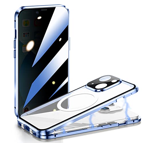 ksscaly Anti Peeping Hülle für iPhone 13 6,1" Kompatibel mit Magsafe 360 Grad Schutz Case Privatsphäre Gehärtetes Glas Stark Magnetische Adsorption Metallrahmen Handyhülle Anti-Spähen Cover (Blau) von ksscaly