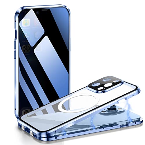 ksscaly Anti Peeping Hülle für iPhone 13 Pro 6,1" Kompatibel mit Magsafe 360 Grad Schutz Case Privatsphäre Gehärtetes Glas Magnetische Adsorption Metallrahmen Handyhülle Anti-Spähen Cover (Blau) von ksscaly
