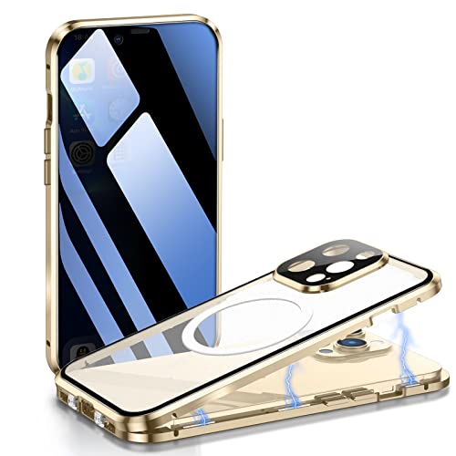 ksscaly Anti Peeping Hülle für iPhone 13 Pro 6,1" Kompatibel mit Magsafe 360 Grad Schutz Case Privatsphäre Gehärtetes Glas Magnetische Adsorption Metallrahmen Handyhülle Anti-Spähen Cover (Gold) von ksscaly