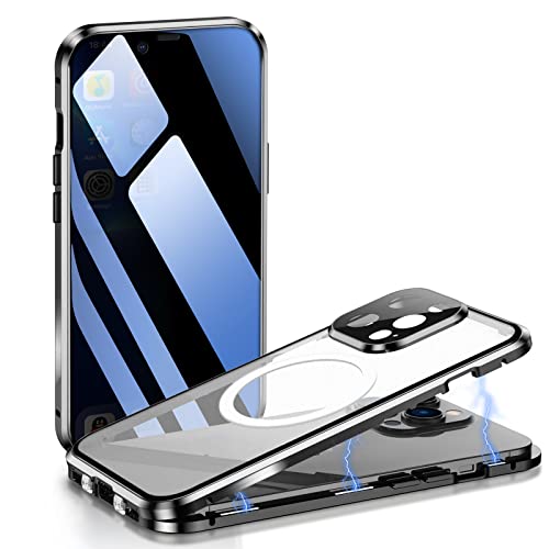 ksscaly Anti Peeping Hülle für iPhone 13 Pro 6,1" Kompatibel mit Magsafe 360 Grad Schutz Case Privatsphäre Gehärtetes Glas Magnetische Adsorption Metallrahmen Handyhülle Anti-Spähen Cover (Schwarz) von ksscaly