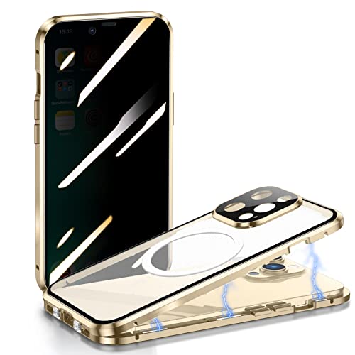 ksscaly Anti Peeping Hülle für iPhone 13 Pro Max 6,7" Kompatibel mit Magsafe 360 Grad Schutz Case Privatsphäre Gehärtetes Glas Magnetische Adsorption Metallrahmen Handyhülle Anti-Spähen Cover (Gold) von ksscaly