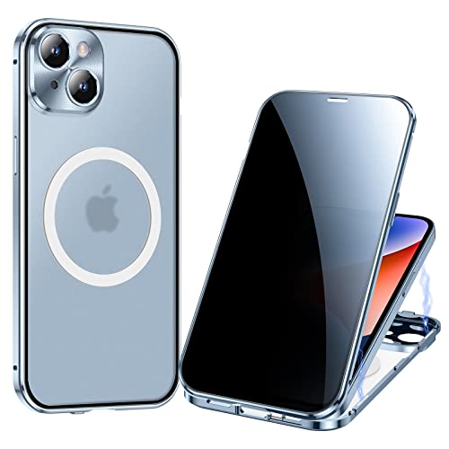 ksscaly Anti Peeping Hülle für iPhone 14 (6,1"), Kompatibel mit Magsafe 360 Grad Schutz Case Privatsphäre Gehärtetes Glas Magnetische Adsorption Metallrahmen Handyhülle Anti-Spähen Cover (Blau) von ksscaly