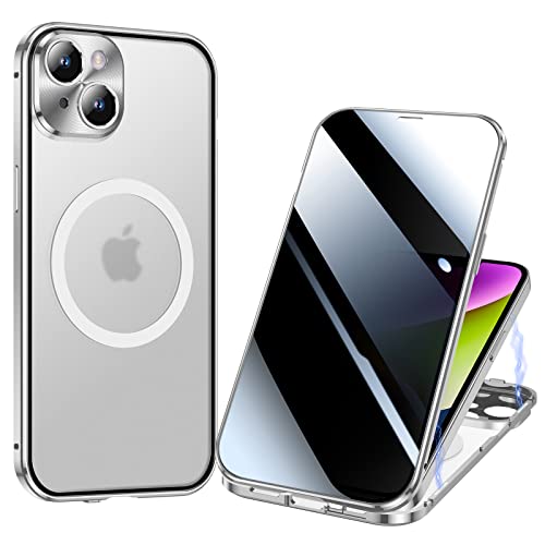 ksscaly Anti Peeping Hülle für iPhone 14 Plus (6,7"), Kompatibel mit Magsafe 360 Grad Schutz Case Privatsphäre Gehärtetes Glas Magnetische Adsorption Metallrahmen Handyhülle Anti-Spähen Cover (Silber) von ksscaly