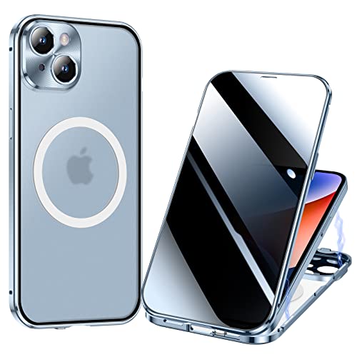 ksscaly Anti Peeping Hülle für iPhone 14 Plus (6,7"), Kompatibel mit Magsafe 360 Grad Schutz Case Privatsphäre Gehärtetes Glas Magnetische Adsorption Metallrahmen Handyhülle Anti-Spähen Cover (Blau) von ksscaly