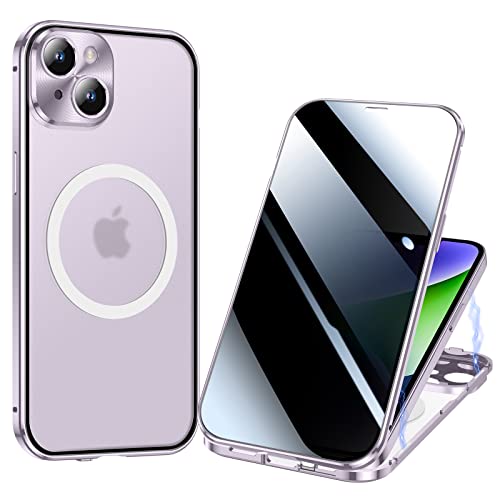 ksscaly Anti Peeping Hülle für iPhone 14 Plus 6,7", Kompatibel mit Magsafe 360 Grad Schutz Case Privatsphäre Gehärtetes Glas Magnetische Adsorption Metallrahmen Handyhülle Anti-Spähen Cover (Violett) von ksscaly