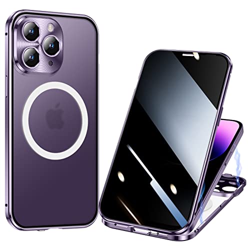 ksscaly Anti Peeping Hülle für iPhone 14 Pro (6,1"), Kompatibel mit Magsafe 360 Grad Schutz Case Privatsphäre Gehärtetes Glas Magnetische Adsorption Metallrahmen Handyhülle Anti-Spähen Cover (Violett) von ksscaly