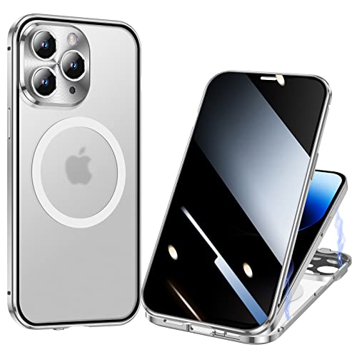 ksscaly Anti Peeping Hülle für iPhone 14 Pro (6,1"), Kompatibel mit Magsafe 360 Grad Schutz Case Privatsphäre Gehärtetes Glas Magnetische Adsorption Metallrahmen Handyhülle Anti-Spähen Cover (Silber) von ksscaly