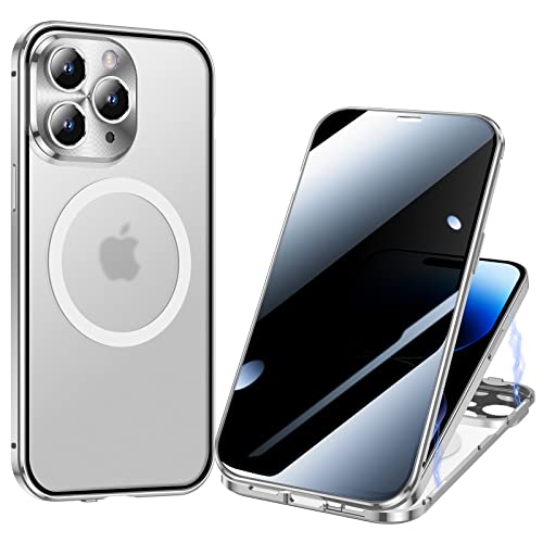 ksscaly Anti Peeping Hülle für iPhone 14 Pro Max, Kompatibel mit Magsafe 360 Grad Schutz Case Privatsphäre Gehärtetes Glas Magnetische Adsorption Metallrahmen Handyhülle Anti-Spähen Cover (Silber) von ksscaly