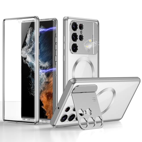 ksscaly Hülle für Samsung Galaxy S22 Ultra mit Kamera Unsichtbarem Ständer [Kompatibel mit Magsafe] 360 Grad Vorne und Rückseite Schutz Case Magnetische Adsorption Metallrahmen Handyhülle (Silber) von ksscaly