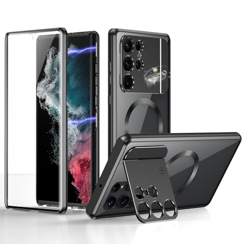 ksscaly Hülle für Samsung Galaxy S22 Ultra mit Kamera Unsichtbarem Ständer [Kompatibel mit Magsafe] 360 Grad Vorne und Rückseite Schutz Case Magnetische Adsorption Metallrahmen Handyhülle (Schwarz) von ksscaly