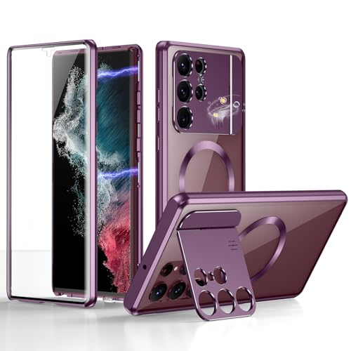 ksscaly Hülle für Samsung Galaxy S22 Ultra mit Kamera Unsichtbarem Ständer [Kompatibel mit Magsafe] 360 Grad Vorne und Rückseite Schutz Case Magnetische Adsorption Metallrahmen Handyhülle (Burgundy) von ksscaly