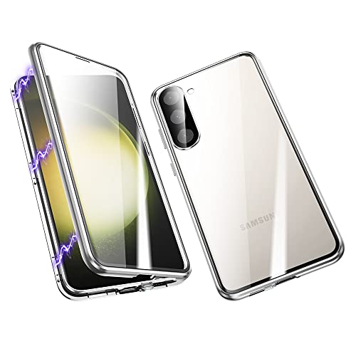 ksscaly Hülle für Samsung Galaxy S23, 360 Grad Schutz Case mit Safty Lock Magnetische Adsorption Metallrahmen Cover Vorder und Rückseite Gehärtetes Glas Handyhülle für Samsung S23 (Silber) von ksscaly