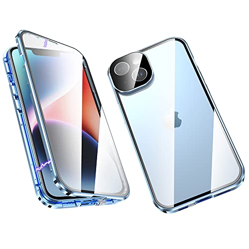 ksscaly Hülle für iPhone 14 (6,1 Zoll), Magnetische Adsorption Metallrahmen Cover 360 Grad Schutz Case Vorder und Rückseite Gehärtetes Glas Handyhülle mit Safty Lock für iPhone 14 (Blau) von ksscaly