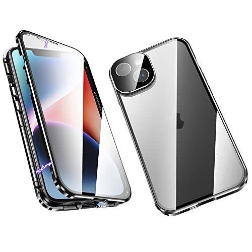 ksscaly Hülle für iPhone 14 (6,1 Zoll), Magnetische Adsorption Metallrahmen Cover 360 Grad Schutz Case Vorder und Rückseite Gehärtetes Glas Handyhülle mit Safty Lock für iPhone 14 (Schwarz) von ksscaly