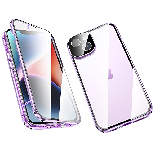 ksscaly Hülle für iPhone 14 (6,1 Zoll), Magnetische Adsorption Metallrahmen Cover 360 Grad Schutz Case Vorder und Rückseite Gehärtetes Glas Handyhülle mit Safty Lock für iPhone 14 (Violett) von ksscaly