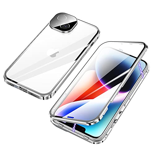 ksscaly Hülle für iPhone 14 Plus, 360 Grad Schutz Case mit Safty Lock Magnetische Adsorption Metallrahmen Cover Vorder und Rückseite Gehärtetes Glas Handyhülle für iPhone 14+ (6,7 Zoll) (Silber) von ksscaly