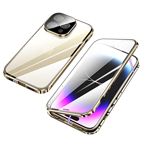 ksscaly Hülle für iPhone 14 Pro, 360 Grad Schutz Case mit Safty Lock Magnetische Adsorption Metallrahmen Cover Vorder und Rückseite Gehärtetes Glas Handyhülle für iPhone 14 Pro (6,1 Zoll) (Gold) von ksscaly