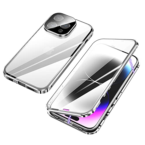 ksscaly Hülle für iPhone 14 Pro, 360 Grad Schutz Case mit Safty Lock Magnetische Adsorption Metallrahmen Cover Vorder und Rückseite Gehärtetes Glas Handyhülle für iPhone 14 Pro (6,1 Zoll) (Silber) von ksscaly