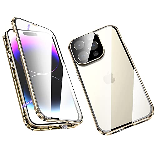 ksscaly Hülle für iPhone 14 Pro Max, 360 Grad Schutz Case mit Safty Lock Magnetische Adsorption Metallrahmen Cover Vorder und Rückseite Gehärtetes Glas Handyhülle für iPhone 14 Pro Max (Gold) von ksscaly