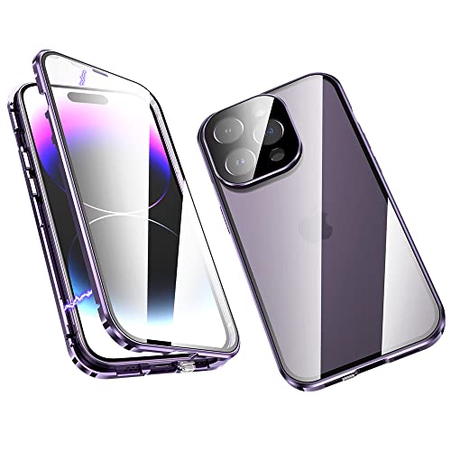 ksscaly Hülle für iPhone 14 Pro Max, 360 Grad Schutz Case mit Safty Lock Magnetische Adsorption Metallrahmen Cover Vorder und Rückseite Gehärtetes Glas Handyhülle für iPhone 14 Pro Max (Violett) von ksscaly