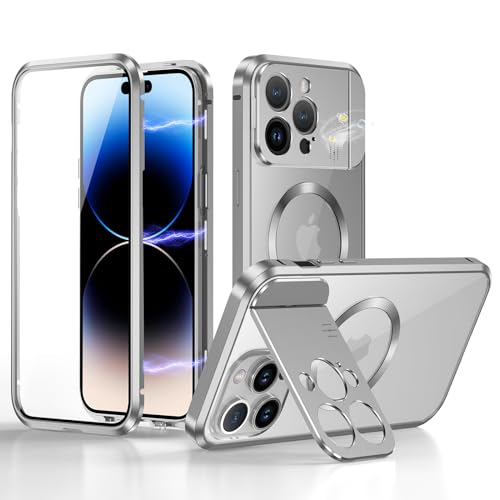 ksscaly Hülle für iPhone 14 Pro Max mit Kamera Unsichtbarem Ständer/Halter [Kompatibel mit Magsafe] 360 Grad Vorne und Rückseite Schutz Case Magnetische Adsorption Metallrahmen Handyhülle (Silber) von ksscaly