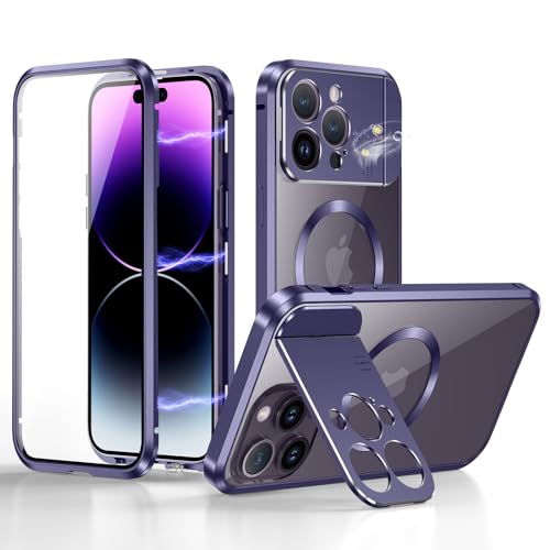 ksscaly Hülle für iPhone 14 Pro Max mit Kamera Unsichtbarem Ständer/Halter [Kompatibel mit Magsafe] 360 Grad Vorne und Rückseite Schutz Case Magnetische Adsorption Metallrahmen Handyhülle (Violett) von ksscaly