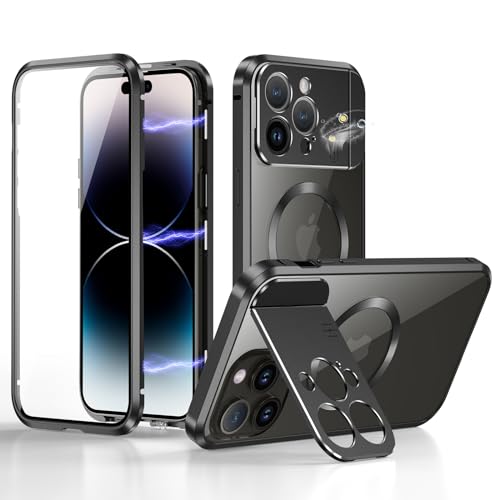 ksscaly Hülle für iPhone 14 Pro Max mit Kamera Unsichtbarem Ständer/Halter [Kompatibel mit Magsafe] 360 Grad Vorne und Rückseite Schutz Case Magnetische Adsorption Metallrahmen Handyhülle (Schwarz) von ksscaly