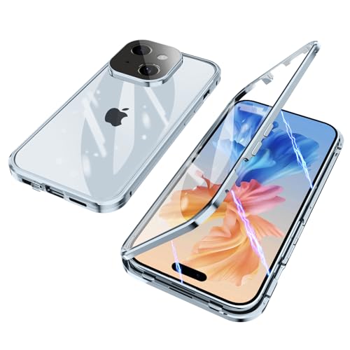 ksscaly Hülle für iPhone 15, 360 Grad Schutz Case mit Safty Lock Magnetische Adsorption Metallrahmen Cover Vorder und Rückseite Gehärtetes Glas Handyhülle für iPhone 15 (Blau) von ksscaly