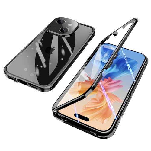 ksscaly Hülle für iPhone 15, 360 Grad Schutz Case mit Safty Lock Magnetische Adsorption Metallrahmen Cover Vorder und Rückseite Gehärtetes Glas Handyhülle für iPhone 15 (Schwarz) von ksscaly