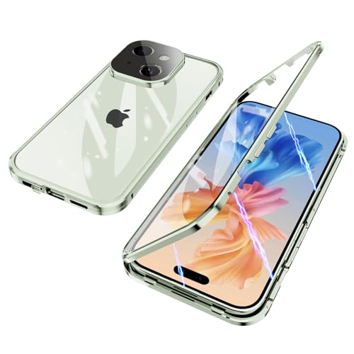 ksscaly Hülle für iPhone 15, 360 Grad Schutz Case mit Safty Lock Magnetische Adsorption Metallrahmen Cover Vorder und Rückseite Gehärtetes Glas Handyhülle für iPhone 15 (Silber) von ksscaly