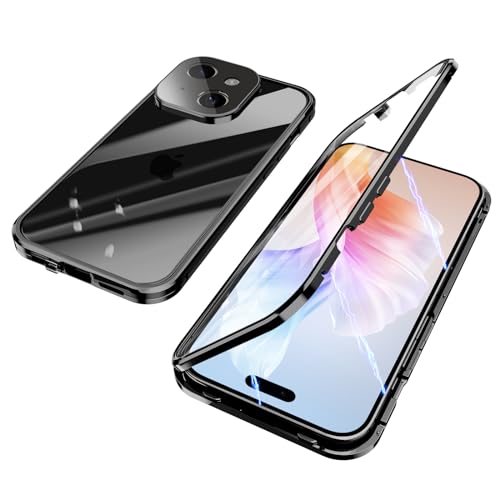 ksscaly Hülle für iPhone 15 Plus, 360 Grad Schutz Case mit Safty Lock Magnetische Adsorption Metallrahmen Cover Vorder und Rückseite Gehärtetes Glas Handyhülle für iPhone 15+ (Schwarz) von ksscaly