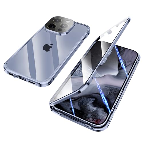 ksscaly Hülle für iPhone 15 Pro, 360 Grad Schutz Case mit Safty Lock Magnetische Adsorption Metallrahmen Cover Vorder und Rückseite Gehärtetes Glas Handyhülle für iPhone 15 Pro (Blau) von ksscaly